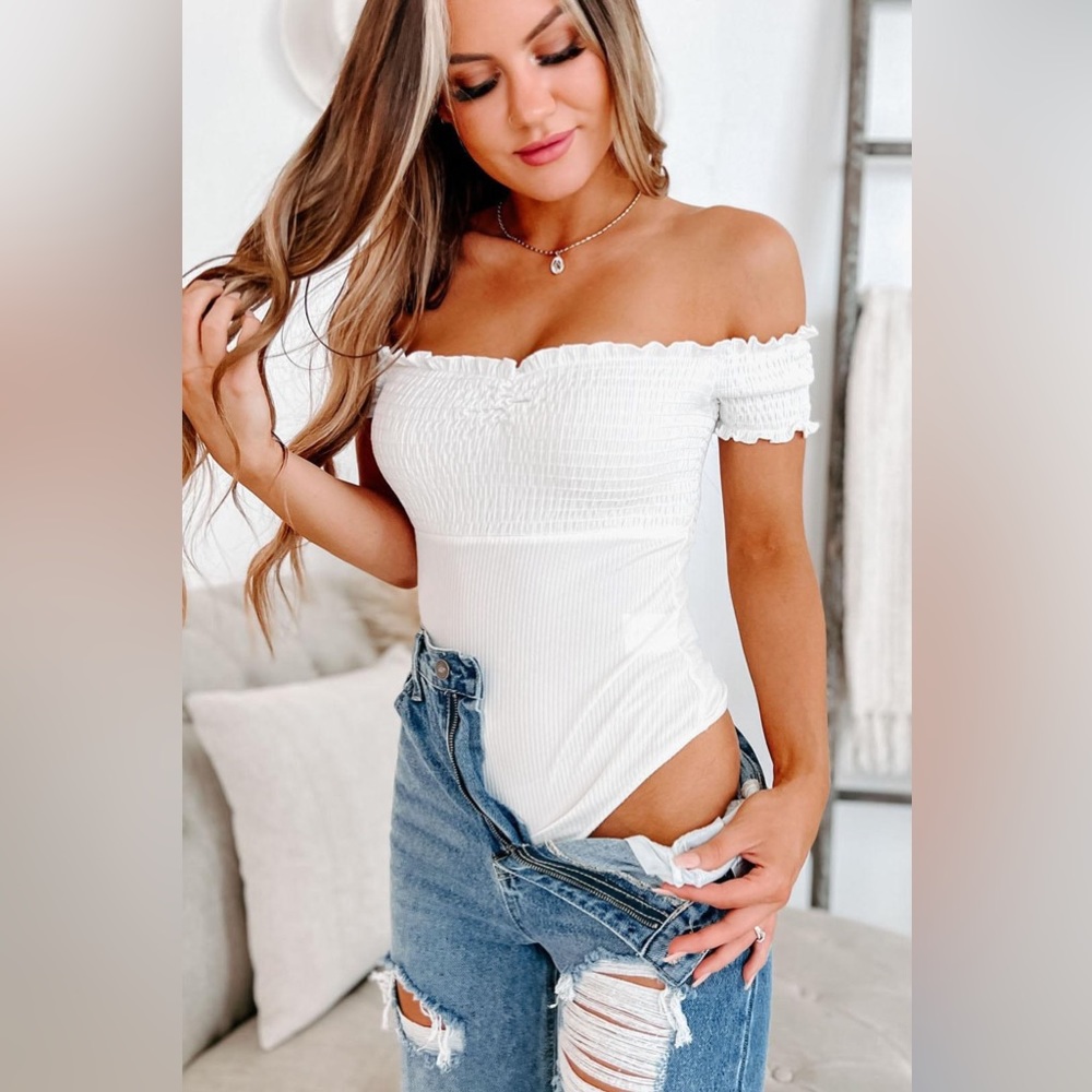 Rouged off the shoulder bodysuit by Nanamacs boutique